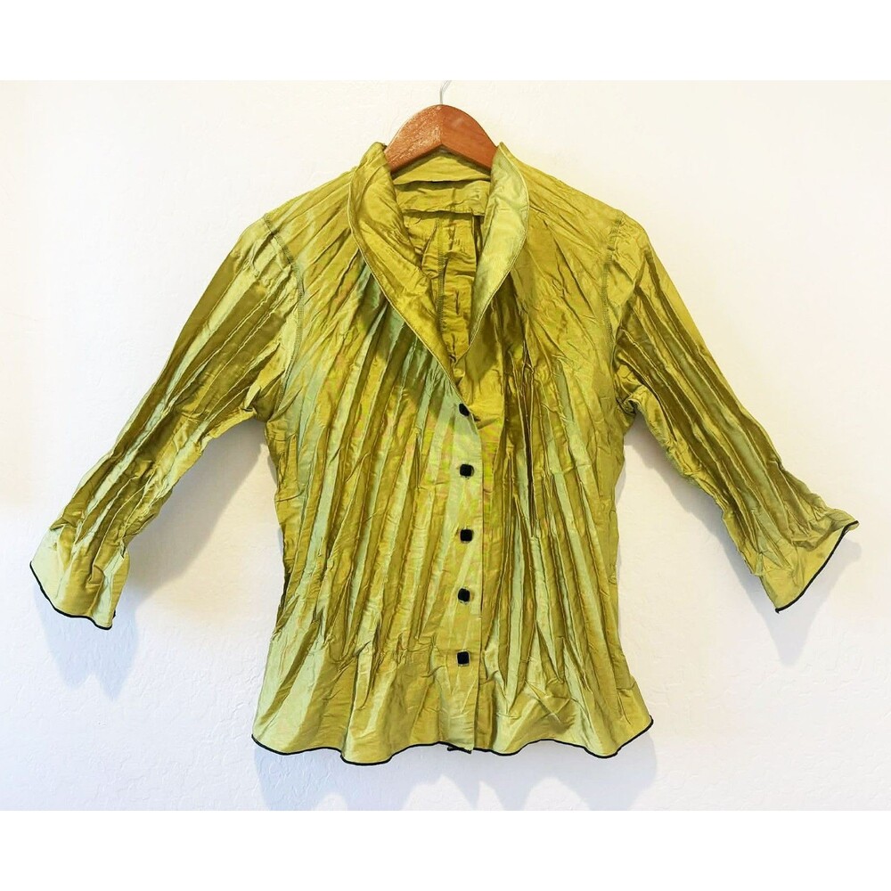 Beluva Small Chartreuse Crinkle Pleat Button Jacket Top Avant Garde Artsy USA